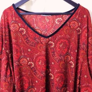 Avenue Red Paisley Top Shirt Ruffled Sleeves 4X